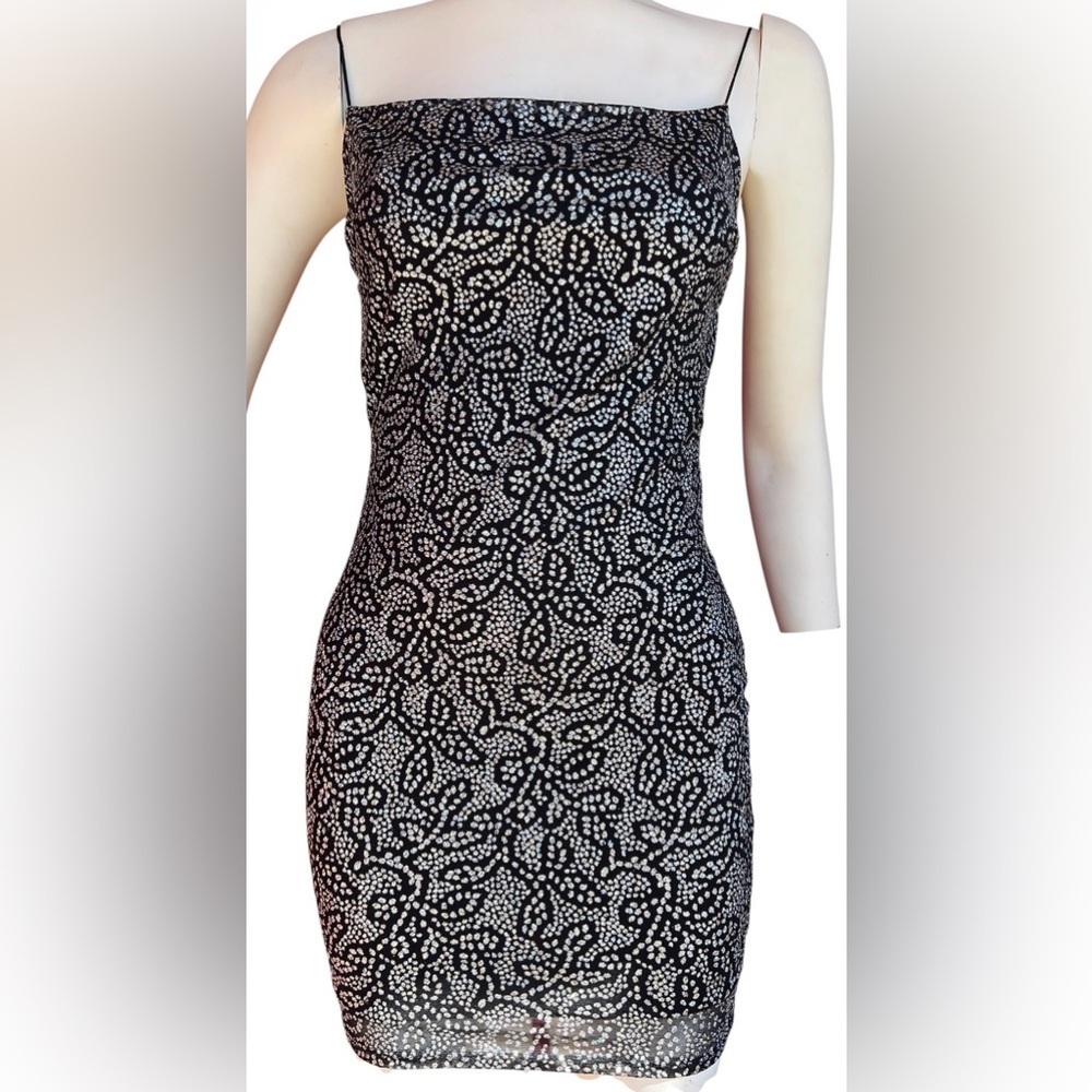 Spaghetti Strap Black & White Patterned Bodycon Dress